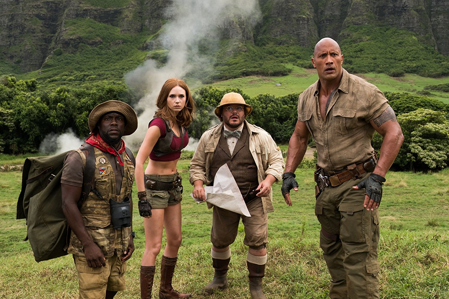 I protagonisti di Jumanji - Benvenuti nella giungla. A partire da sinistra: Kevin Hart, Karen Gillan, Jack Black e Dwayne Johnson.