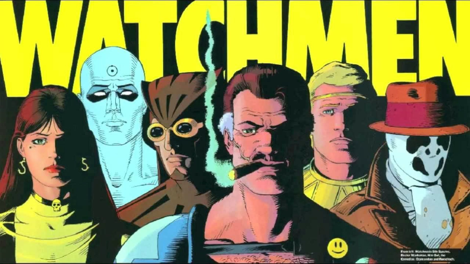 I protagonisti del fumetto Watchmen, ritratti in primo piano nella copertina di una graphic novel.